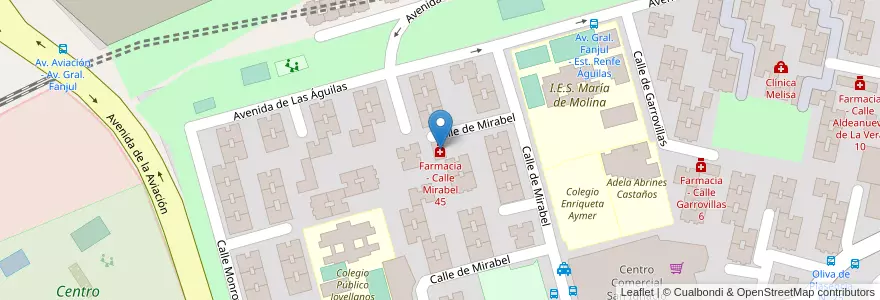 Mapa de ubicacion de Farmacia - Calle Mirabel 45 en اسپانیا, بخش خودمختار مادرید, بخش خودمختار مادرید, Área Metropolitana De Madrid Y Corredor Del Henares, مادرید.