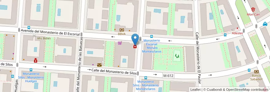 Mapa de ubicacion de Farmacia - Calle Monasterio Montesclaros 7 en Espanha, Comunidade De Madrid, Comunidade De Madrid, Área Metropolitana De Madrid Y Corredor Del Henares, Madrid.