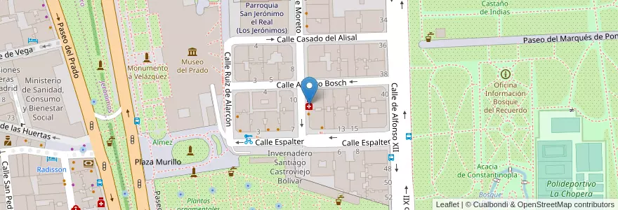 Mapa de ubicacion de Farmacia - Calle Moreto 15 en اسپانیا, بخش خودمختار مادرید, بخش خودمختار مادرید, Área Metropolitana De Madrid Y Corredor Del Henares, مادرید.