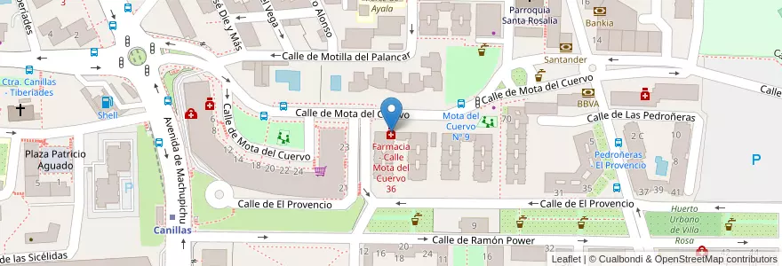 Mapa de ubicacion de Farmacia - Calle Mota del Cuervo 36 en Espanha, Comunidade De Madrid, Comunidade De Madrid, Área Metropolitana De Madrid Y Corredor Del Henares, Madrid.