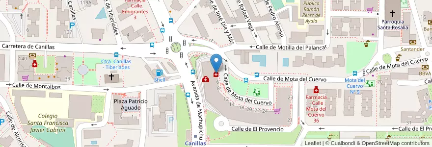 Mapa de ubicacion de Farmacia - Calle Mota del Cuervo 4 en Spanje, Comunidad De Madrid, Comunidad De Madrid, Área Metropolitana De Madrid Y Corredor Del Henares, Madrid.