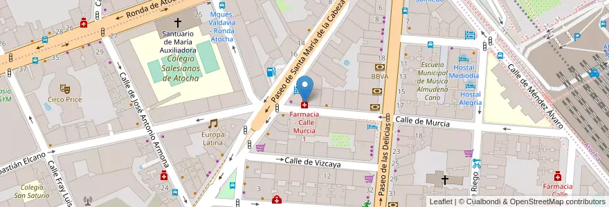 Mapa de ubicacion de Farmacia - Calle Murcia 1 en اسپانیا, بخش خودمختار مادرید, بخش خودمختار مادرید, Área Metropolitana De Madrid Y Corredor Del Henares, مادرید.