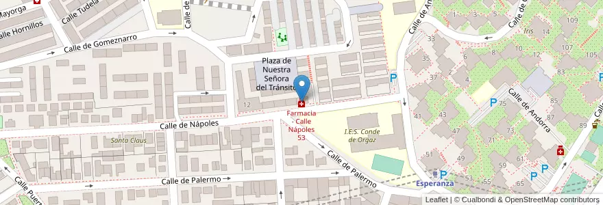 Mapa de ubicacion de Farmacia - Calle Nápoles 53 en Spanien, Autonome Gemeinschaft Madrid, Autonome Gemeinschaft Madrid, Área Metropolitana De Madrid Y Corredor Del Henares, Madrid.