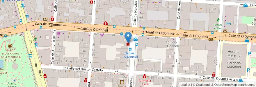 Mapa de ubicacion de Farmacia - Calle Narváez 28 en اسپانیا, بخش خودمختار مادرید, بخش خودمختار مادرید, Área Metropolitana De Madrid Y Corredor Del Henares, مادرید.