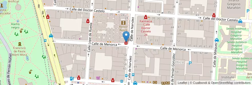 Mapa de ubicacion de Farmacia - Calle Narváez 50 en اسپانیا, بخش خودمختار مادرید, بخش خودمختار مادرید, Área Metropolitana De Madrid Y Corredor Del Henares, مادرید.