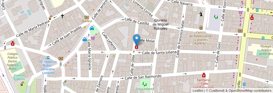 Mapa de ubicacion de Farmacia - Calle Olite 48 en اسپانیا, بخش خودمختار مادرید, بخش خودمختار مادرید, Área Metropolitana De Madrid Y Corredor Del Henares, مادرید.