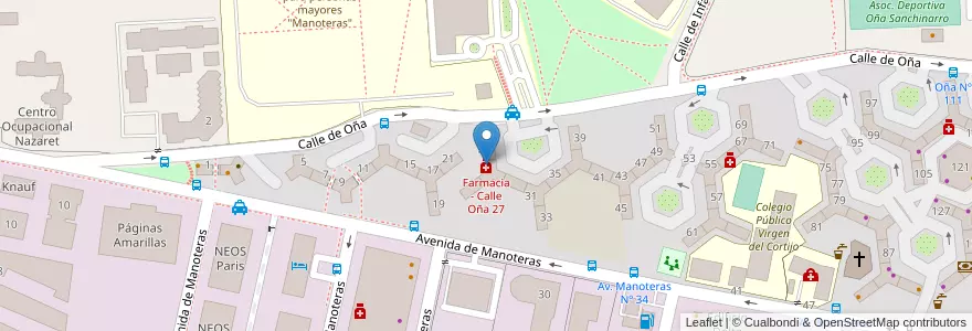 Mapa de ubicacion de Farmacia - Calle Oña 27 en اسپانیا, بخش خودمختار مادرید, بخش خودمختار مادرید, Área Metropolitana De Madrid Y Corredor Del Henares, مادرید.
