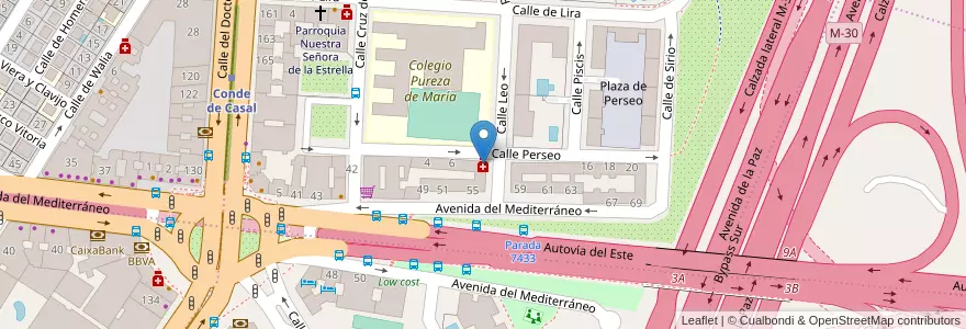 Mapa de ubicacion de Farmacia - Calle Perseo 8 en اسپانیا, بخش خودمختار مادرید, بخش خودمختار مادرید, Área Metropolitana De Madrid Y Corredor Del Henares, مادرید.
