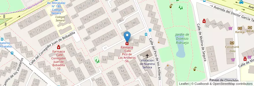 Mapa de ubicacion de Farmacia - Calle Pico de Los Artilleros 56 en スペイン, マドリード州, Comunidad De Madrid, Área Metropolitana De Madrid Y Corredor Del Henares, Madrid.