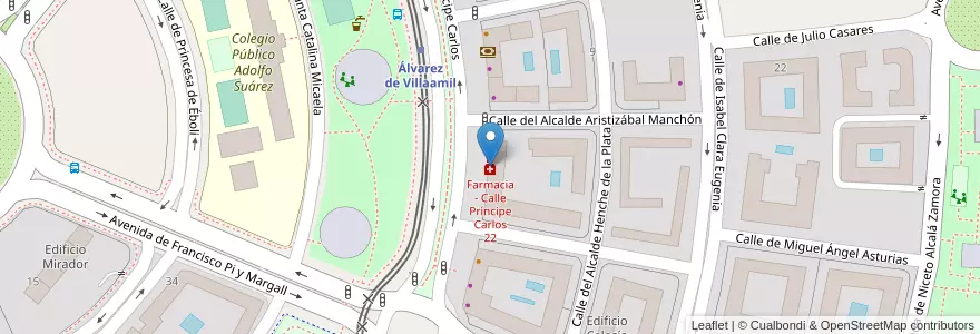 Mapa de ubicacion de Farmacia - Calle Príncipe Carlos 22 en Испания, Мадрид, Мадрид, Área Metropolitana De Madrid Y Corredor Del Henares, Мадрид.