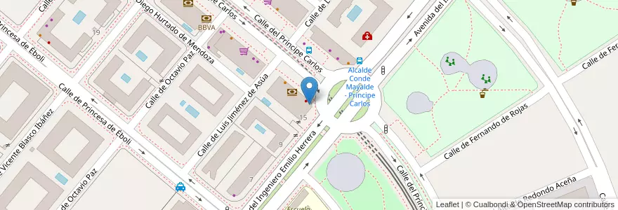 Mapa de ubicacion de Farmacia - Calle Príncipe Carlos c/v Avenida Alcalde Conde de Mayalde 15 en スペイン, マドリード州, Comunidad De Madrid, Área Metropolitana De Madrid Y Corredor Del Henares, Madrid.