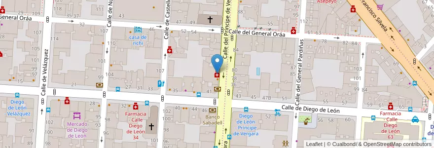 Mapa de ubicacion de Farmacia - Calle Príncipe de Vergara 75 en スペイン, マドリード州, Comunidad De Madrid, Área Metropolitana De Madrid Y Corredor Del Henares, Madrid.