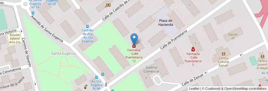 Mapa de ubicacion de Farmacia - Calle Puentelarra 12 en Espagne, Communauté De Madrid, Communauté De Madrid, Área Metropolitana De Madrid Y Corredor Del Henares, Madrid.