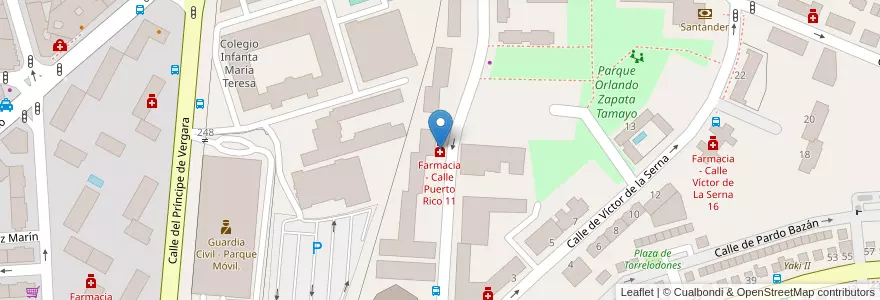 Mapa de ubicacion de Farmacia - Calle Puerto Rico 11 en اسپانیا, بخش خودمختار مادرید, بخش خودمختار مادرید, Área Metropolitana De Madrid Y Corredor Del Henares, مادرید.