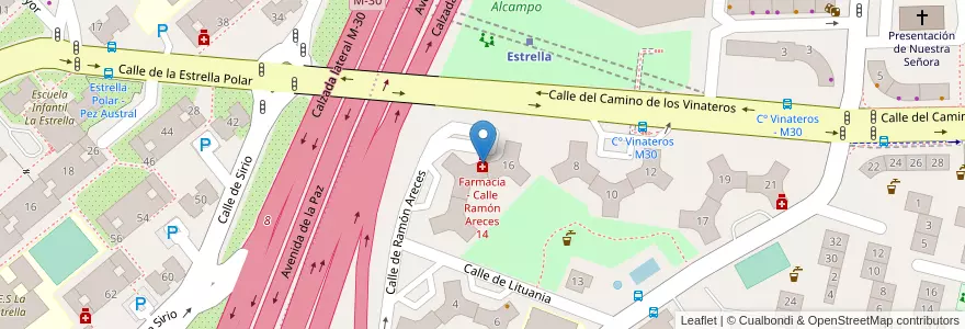 Mapa de ubicacion de Farmacia - Calle Ramón Areces 14 en Sepanyol, Comunidad De Madrid, Comunidad De Madrid, Área Metropolitana De Madrid Y Corredor Del Henares, Madrid.