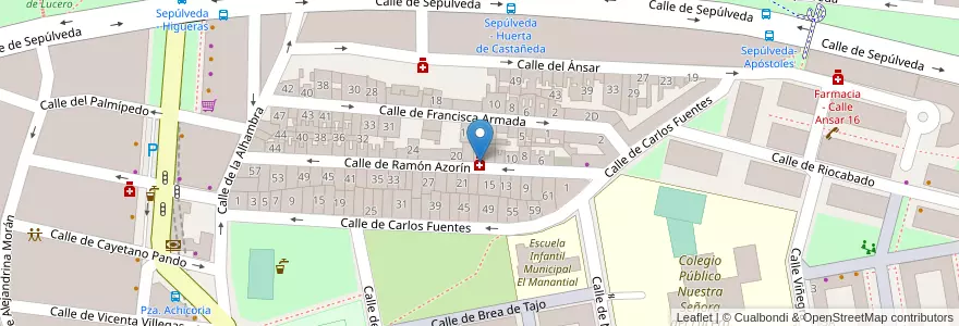 Mapa de ubicacion de Farmacia - Calle Ramón Azorín 16 en Espanha, Comunidade De Madrid, Comunidade De Madrid, Área Metropolitana De Madrid Y Corredor Del Henares, Madrid.