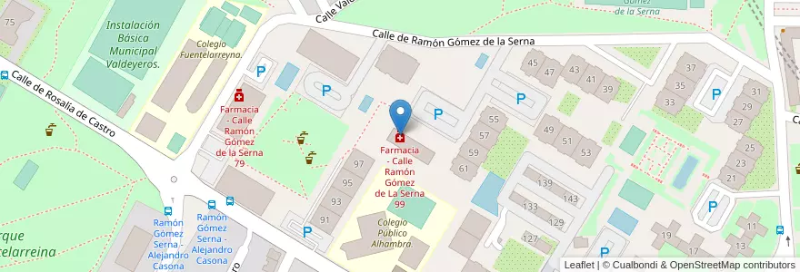 Mapa de ubicacion de Farmacia - Calle Ramón Gómez de La Serna 99 en اسپانیا, بخش خودمختار مادرید, بخش خودمختار مادرید, Área Metropolitana De Madrid Y Corredor Del Henares, مادرید.