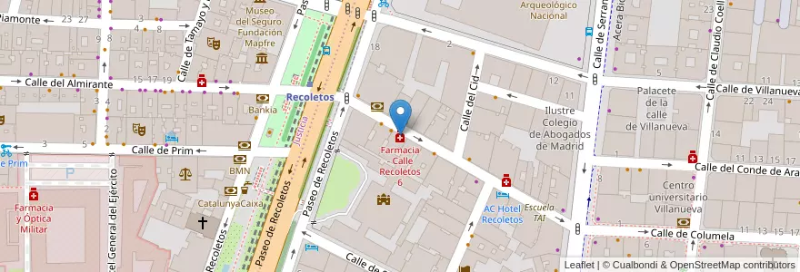 Mapa de ubicacion de Farmacia - Calle Recoletos 6 en España, Comunidad De Madrid, Comunidad De Madrid, Área Metropolitana De Madrid Y Corredor Del Henares, Madrid.