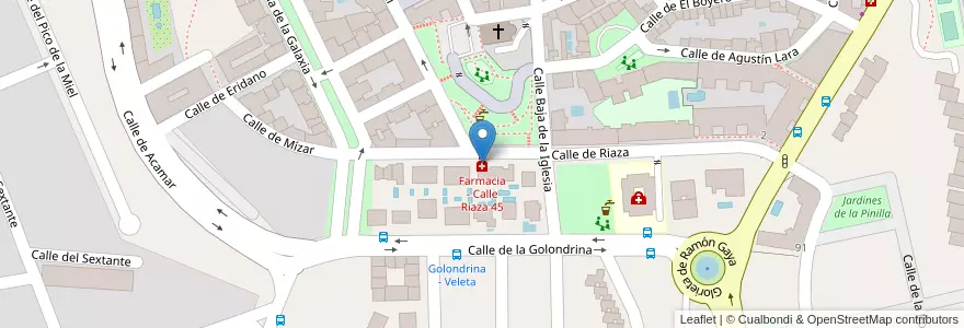 Mapa de ubicacion de Farmacia - Calle Riaza 45 en Spanien, Autonome Gemeinschaft Madrid, Autonome Gemeinschaft Madrid, Área Metropolitana De Madrid Y Corredor Del Henares, Madrid.