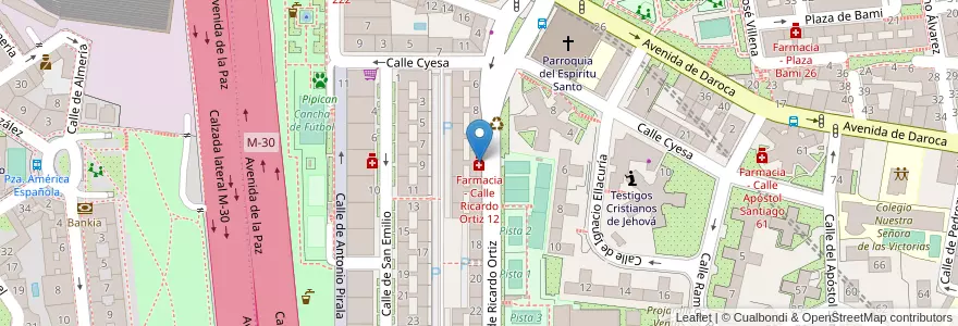 Mapa de ubicacion de Farmacia - Calle Ricardo Ortiz 12 en España, Comunidad De Madrid, Comunidad De Madrid, Área Metropolitana De Madrid Y Corredor Del Henares, Madrid.