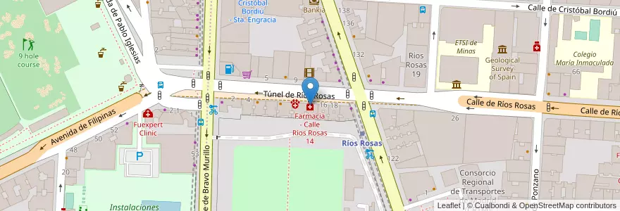 Mapa de ubicacion de Farmacia - Calle Ríos Rosas 14 en إسبانيا, منطقة مدريد, منطقة مدريد, Área Metropolitana De Madrid Y Corredor Del Henares, مدريد.