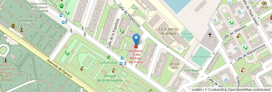 Mapa de ubicacion de Farmacia - Calle Rodrigo de Triana 3 en إسبانيا, منطقة مدريد, منطقة مدريد, Área Metropolitana De Madrid Y Corredor Del Henares, مدريد.