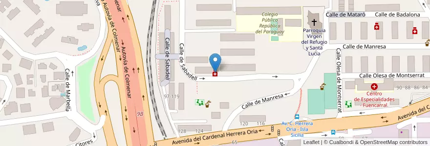 Mapa de ubicacion de Farmacia - Calle Sabadell 86 en اسپانیا, بخش خودمختار مادرید, بخش خودمختار مادرید, Área Metropolitana De Madrid Y Corredor Del Henares, مادرید.