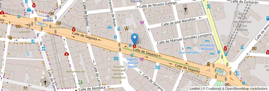 Mapa de ubicacion de Farmacia - Calle Sagasta 21 en اسپانیا, بخش خودمختار مادرید, بخش خودمختار مادرید, Área Metropolitana De Madrid Y Corredor Del Henares, مادرید.