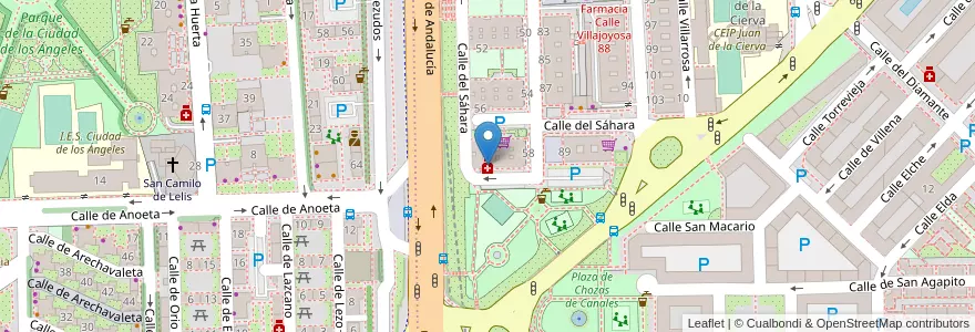 Mapa de ubicacion de Farmacia - Calle Sahara 60 en اسپانیا, بخش خودمختار مادرید, بخش خودمختار مادرید, Área Metropolitana De Madrid Y Corredor Del Henares, مادرید.