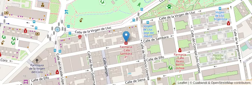 Mapa de ubicacion de Farmacia - Calle Sambara 31 en スペイン, マドリード州, Comunidad De Madrid, Área Metropolitana De Madrid Y Corredor Del Henares, Madrid.