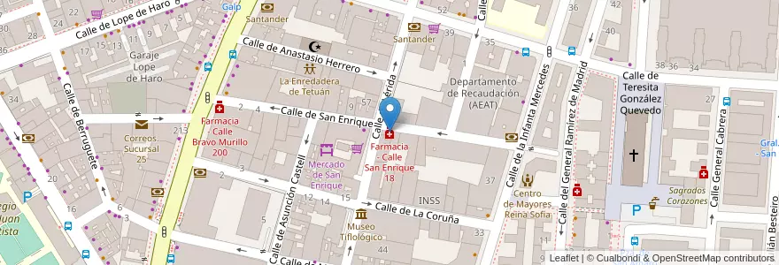 Mapa de ubicacion de Farmacia - Calle San Enrique 18 en اسپانیا, بخش خودمختار مادرید, بخش خودمختار مادرید, Área Metropolitana De Madrid Y Corredor Del Henares, مادرید.
