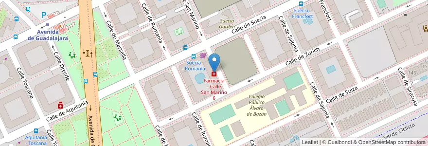 Mapa de ubicacion de Farmacia - Calle San Marino 6 en اسپانیا, بخش خودمختار مادرید, بخش خودمختار مادرید, Área Metropolitana De Madrid Y Corredor Del Henares, مادرید.