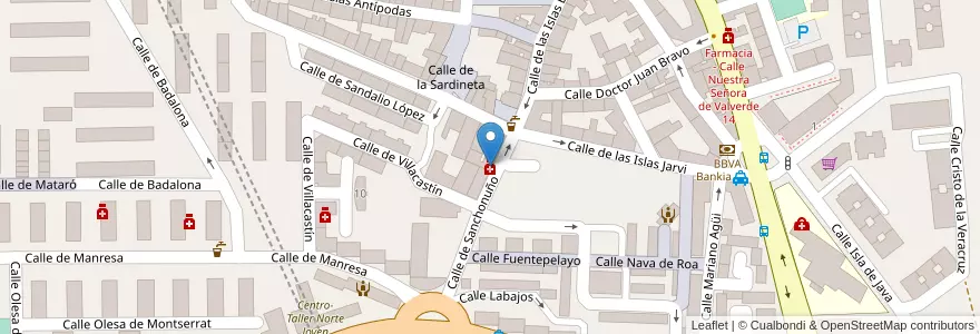 Mapa de ubicacion de Farmacia - Calle Sanchonuño 11 en اسپانیا, بخش خودمختار مادرید, بخش خودمختار مادرید, Área Metropolitana De Madrid Y Corredor Del Henares, مادرید.