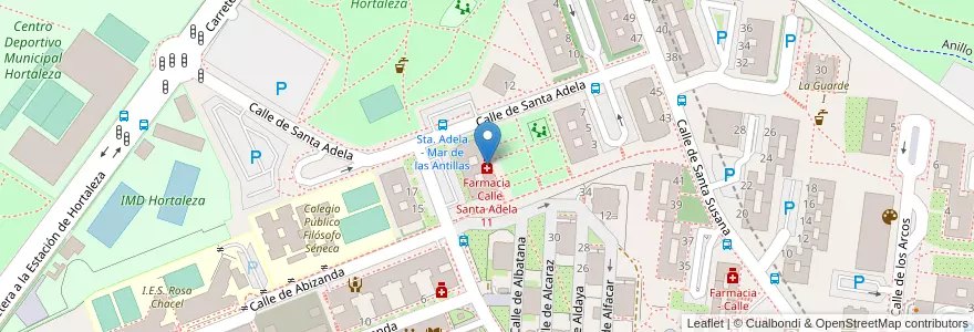 Mapa de ubicacion de Farmacia - Calle Santa Adela 11 en Espanha, Comunidade De Madrid, Comunidade De Madrid, Área Metropolitana De Madrid Y Corredor Del Henares, Madrid.