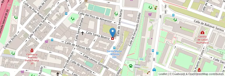 Mapa de ubicacion de Farmacia - Calle Santa Beatriz 17 en اسپانیا, بخش خودمختار مادرید, بخش خودمختار مادرید, Área Metropolitana De Madrid Y Corredor Del Henares, مادرید.