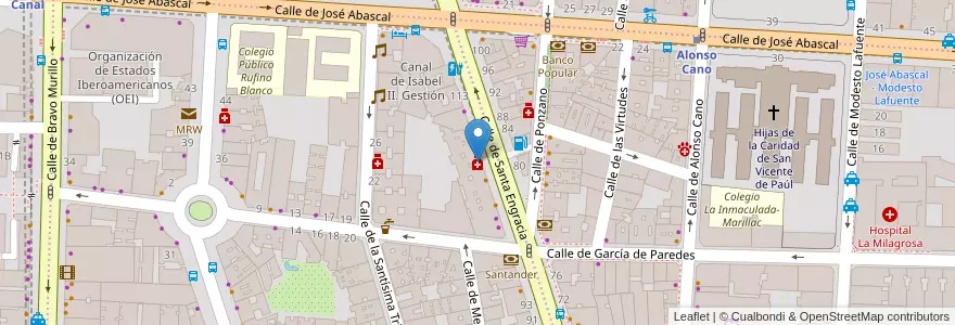 Mapa de ubicacion de Farmacia - Calle Santa Engracia 107 en اسپانیا, بخش خودمختار مادرید, بخش خودمختار مادرید, Área Metropolitana De Madrid Y Corredor Del Henares, مادرید.