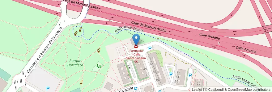 Mapa de ubicacion de Farmacia - Calle Santa Susana 55 en اسپانیا, بخش خودمختار مادرید, بخش خودمختار مادرید, Área Metropolitana De Madrid Y Corredor Del Henares, مادرید.