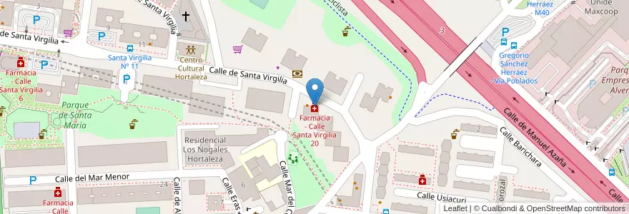 Mapa de ubicacion de Farmacia - Calle Santa Virgilia 20 en Espanha, Comunidade De Madrid, Comunidade De Madrid, Área Metropolitana De Madrid Y Corredor Del Henares, Madrid.