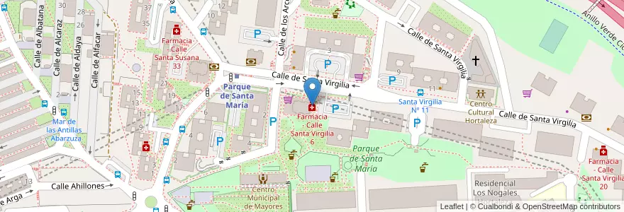Mapa de ubicacion de Farmacia - Calle Santa Virgilia 6 en اسپانیا, بخش خودمختار مادرید, بخش خودمختار مادرید, Área Metropolitana De Madrid Y Corredor Del Henares, مادرید.