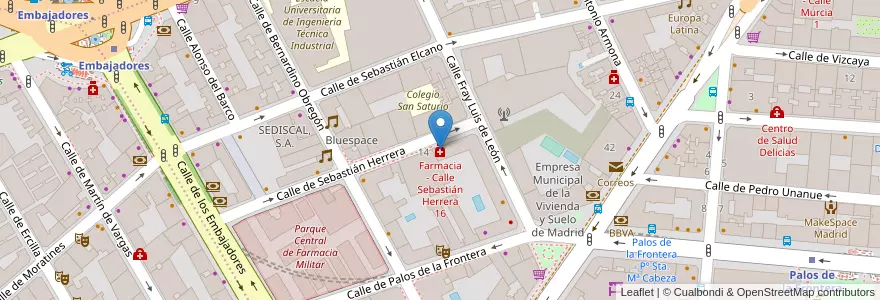 Mapa de ubicacion de Farmacia - Calle Sebastián Herrera 16 en 西班牙, Comunidad De Madrid, Comunidad De Madrid, Área Metropolitana De Madrid Y Corredor Del Henares, Madrid.