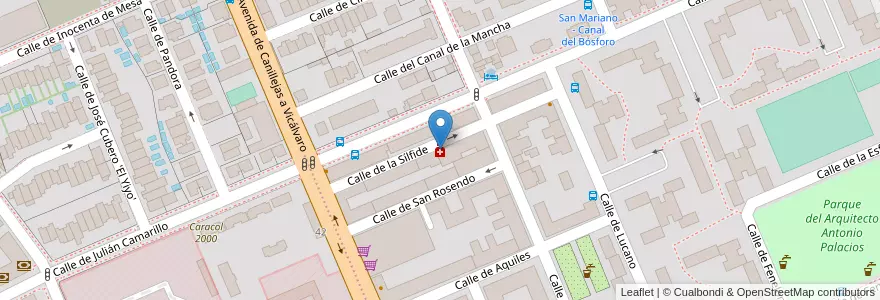 Mapa de ubicacion de Farmacia - Calle Sílfide 12 en 西班牙, Comunidad De Madrid, Comunidad De Madrid, Área Metropolitana De Madrid Y Corredor Del Henares, Madrid.