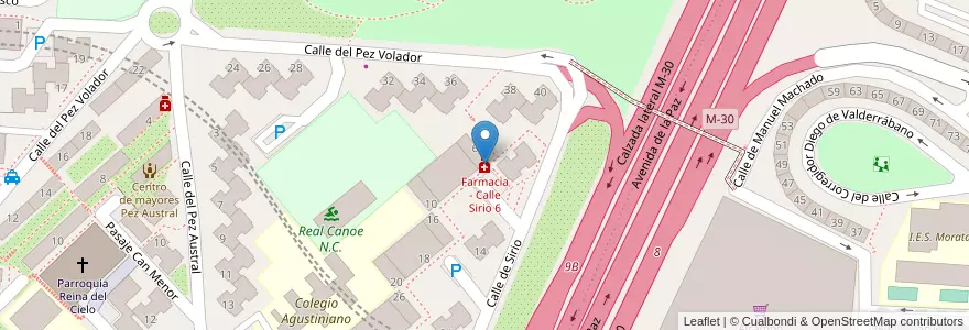 Mapa de ubicacion de Farmacia - Calle Sirio 6 en اسپانیا, بخش خودمختار مادرید, بخش خودمختار مادرید, Área Metropolitana De Madrid Y Corredor Del Henares, مادرید.