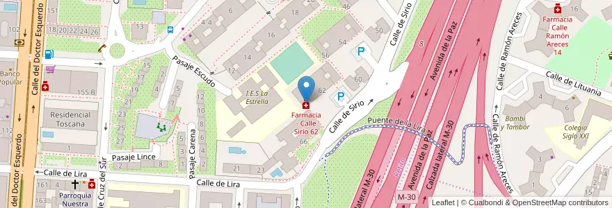 Mapa de ubicacion de Farmacia - Calle Sirio 62 en Spain, Community Of Madrid, Community Of Madrid, Área Metropolitana De Madrid Y Corredor Del Henares, Madrid.
