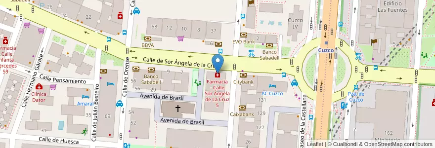 Mapa de ubicacion de Farmacia - Calle Sor Ángela de La Cruz 5 en Sepanyol, Comunidad De Madrid, Comunidad De Madrid, Área Metropolitana De Madrid Y Corredor Del Henares, Madrid.