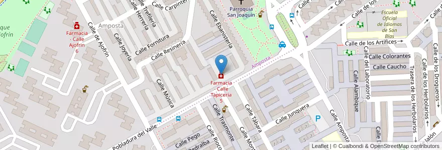 Mapa de ubicacion de Farmacia - Calle Tapicería 5 en España, Comunidad De Madrid, Comunidad De Madrid, Área Metropolitana De Madrid Y Corredor Del Henares, Madrid.