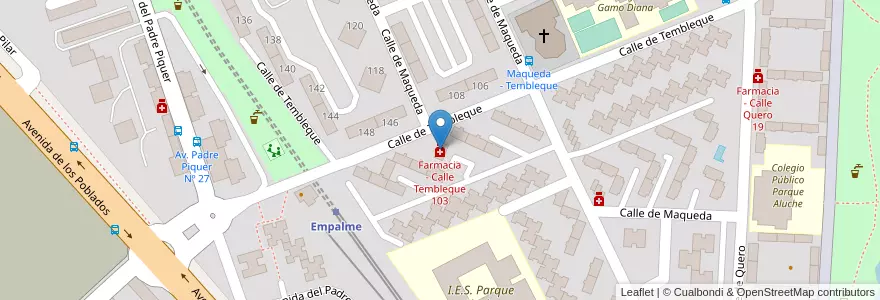 Mapa de ubicacion de Farmacia - Calle Tembleque 103 en إسبانيا, منطقة مدريد, منطقة مدريد, Área Metropolitana De Madrid Y Corredor Del Henares, مدريد.