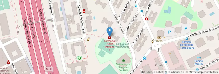 Mapa de ubicacion de Farmacia - Calle Treviana 1 en اسپانیا, بخش خودمختار مادرید, بخش خودمختار مادرید, Área Metropolitana De Madrid Y Corredor Del Henares, مادرید.
