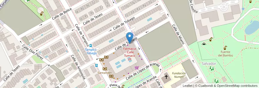 Mapa de ubicacion de Farmacia - Calle Tumaco 20 en Sepanyol, Comunidad De Madrid, Comunidad De Madrid, Área Metropolitana De Madrid Y Corredor Del Henares, Madrid.