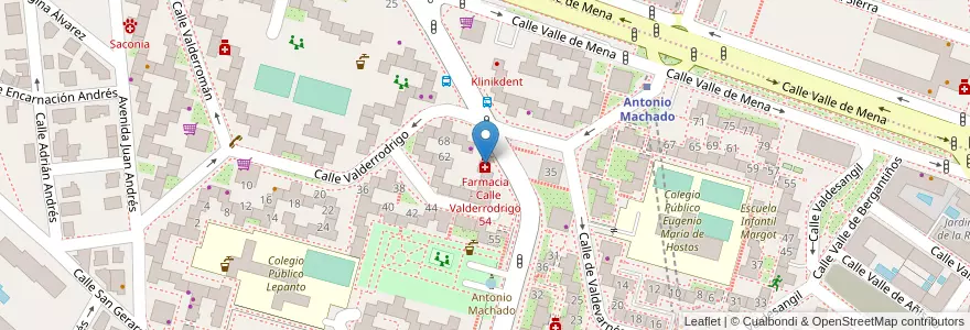 Mapa de ubicacion de Farmacia - Calle Valderrodrigo 54 en Spanje, Comunidad De Madrid, Comunidad De Madrid, Área Metropolitana De Madrid Y Corredor Del Henares, Madrid.