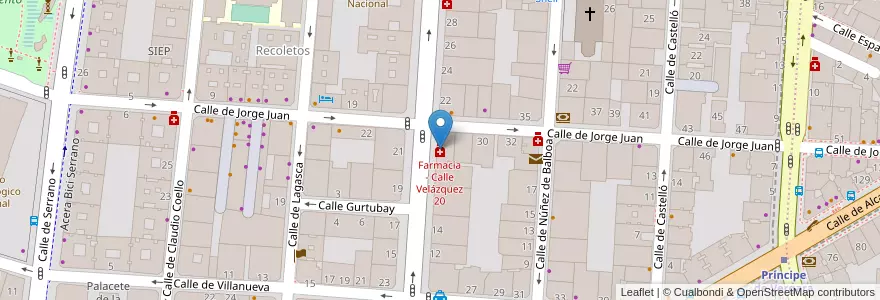 Mapa de ubicacion de Farmacia - Calle Velázquez 20 en Espanha, Comunidade De Madrid, Comunidade De Madrid, Área Metropolitana De Madrid Y Corredor Del Henares, Madrid.